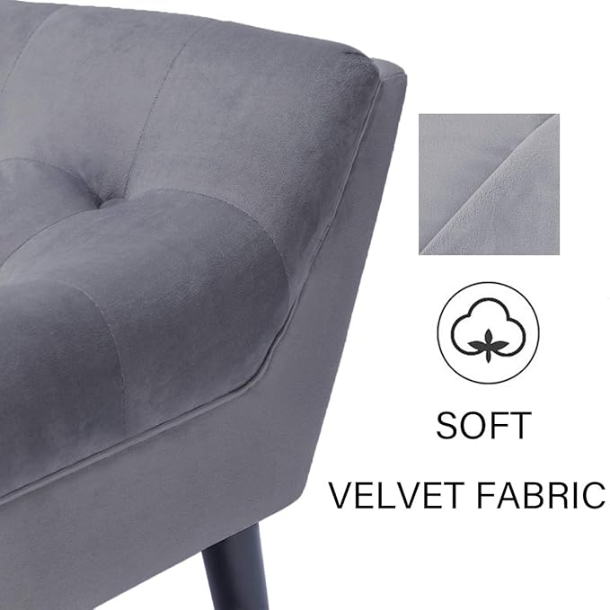 Alunaune Velvet Tufted Ottoman Bed Bench for Bedroom End of Bed Bench, Upholstered Entryway Bench Storage Ottoman Footstools with Wood Legs-2 Seater, Dark Gray