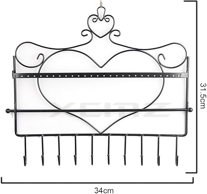 Wall Hanging Jewelry Organizer Holder, 28 Hooks Wall Mounted Storage Shelf, Heart Shape Earrings Necklace Display, Bracelet Key Chain Bangle Metal Hanger Rack – Gift for Ladies Women (Black)