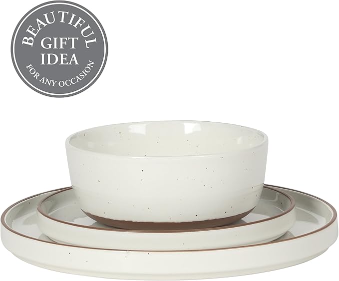 Gibson Elite Northrock Stoneware Dinnerware Set, 12-Piece Service for 4 Plates and Bowls Set – White Dishes with Hand-Painted Terracotta Base