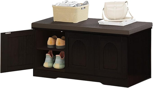 DINZI LVJ Shoe Bench, Entryway Storage Bench with Doors, Cushion, 2-Tier Shoe Rack with 6-Cubby, 39.4”L x 13.8”W Shoe Organizer Cabinet, Adjustable Shelf, Living Room, Bedroom, Espresso