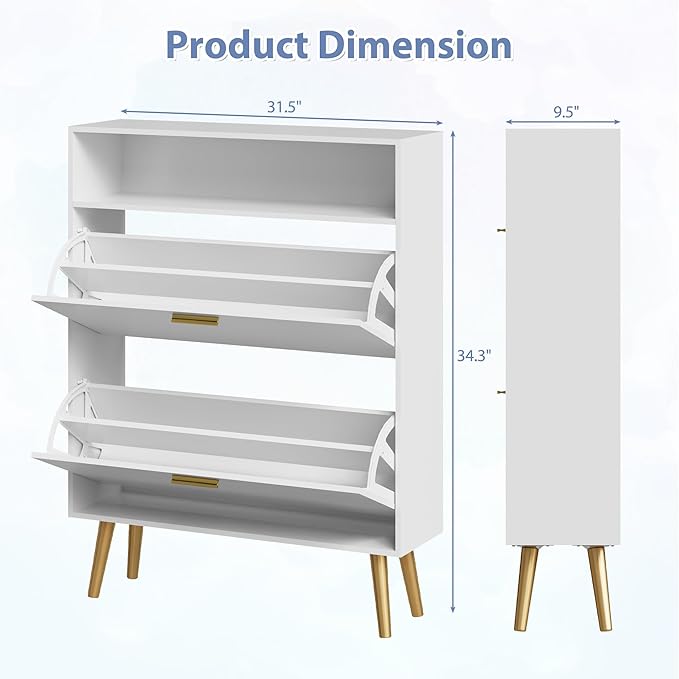 Shoe Cabinet Storage for Entryway, White Shoe Organizer with 2 Flip Drawers & Open Shelf, Freestanding Hidden Large Shoe Storage Cabinet (1pc-White, 2 Flip Drawers with Shelf)