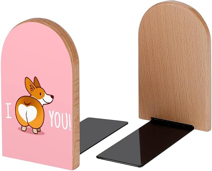 Corgi I Love You Book Ends Decorative Wood Bookends for Shelves Kids Room Desk Home Office Book Stoppers for Magazines,Books, DVDs, 1 Pair/2 Pieces(5x3.1 in)