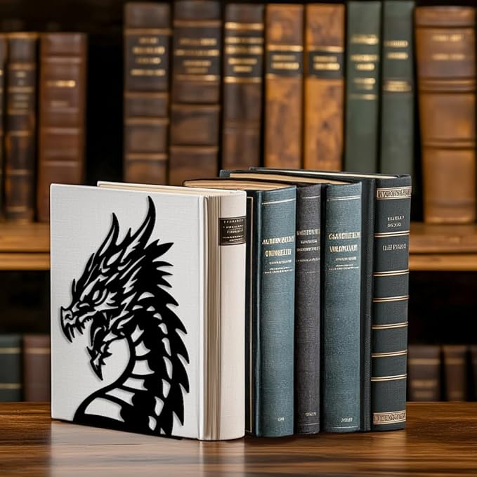 Peacoblue Metal Bookends for Shelves, Modern Decorative Heavy Duty Study Book Support Stoppers for Office, Desk, Shelf, Room 5.3"x4.3"x7.9" Cast Iron Simple Tall Bookends, 1 Pair (Dragon Head)