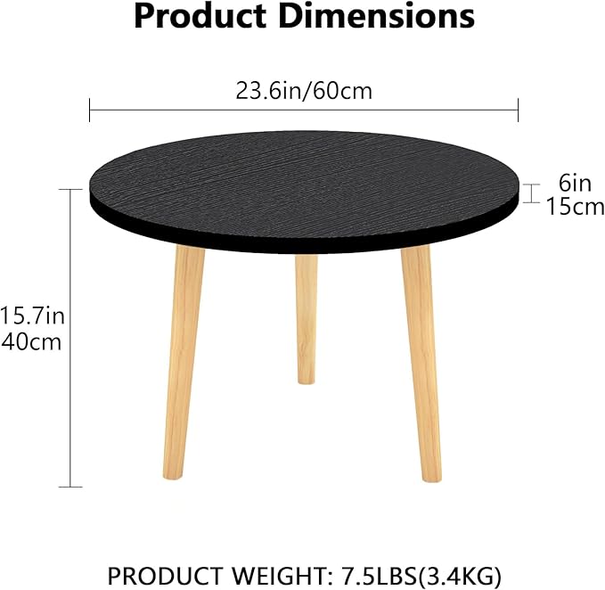 Round Coffee Table Low Table with 3 Solid Wood Sturdy Legs,Floor Table Desk for Sitting on The Floor,23.6"D x 23.6"W x 16"H Inches,Living Room/Toy room Furniture,Rental house Furniture (Black)