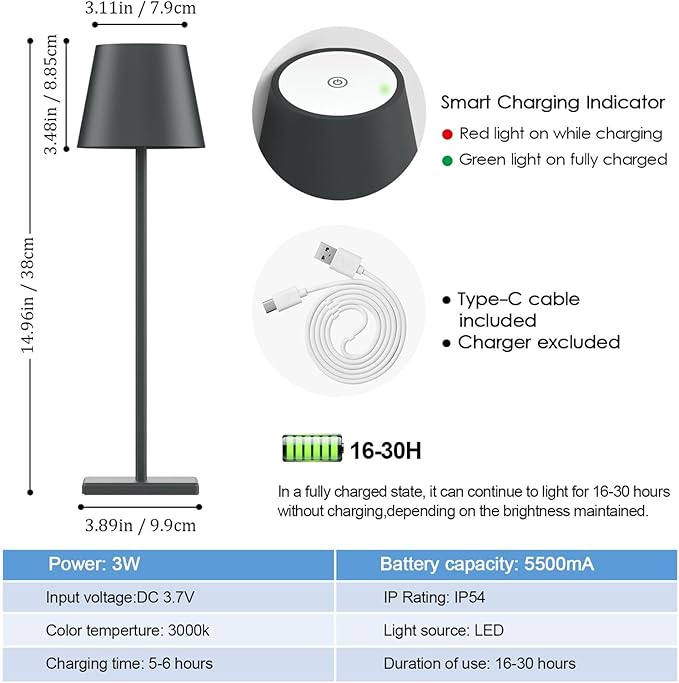 2 Packs LED Cordless Table Lamp, Rechargeable Battery Desk lamp 5000mAh Battery Operated Stepless Dimming Modern Portable Table Light for Restaurant/Table/Bedroom/Outdoor IP54 Waterproof (Anthracite)