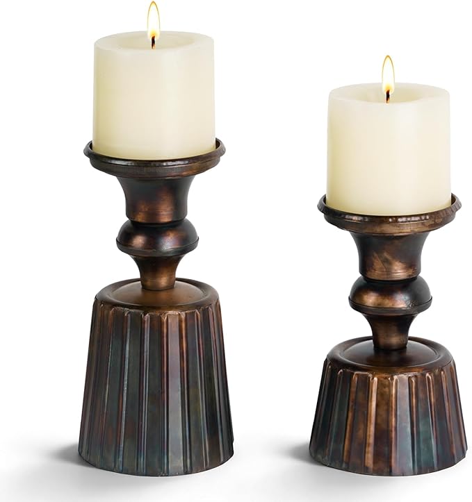 NIKKY HOME Vintage Pillar Candle Holders Set of 2, Rustic Bronze Metal Candle Pedestals Stand Centerpieces Decor for Dining Room Table Wedding Party Mantle Fireplace Housewarming Gift