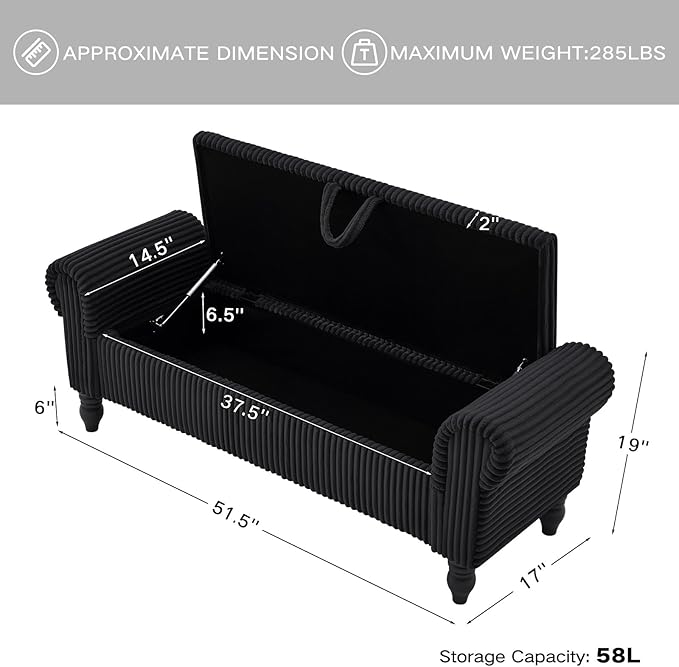 Storage Bench for Bedroom, Ottoman with Storage, Upholstered Ottomans Benches with Rolled Arms for Bedroom End of Bed, Living Room, Entryway (Corduroy/Black)