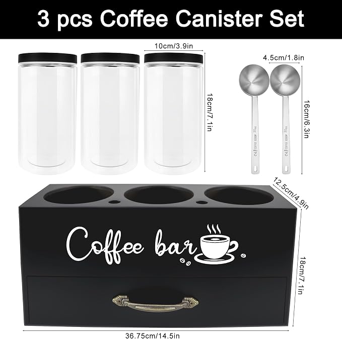 MACIFECI 54 oz Coffee Canister Set with Shelf, Coffee and Sugar Container Set of 3 Canisters Sets for Kitchen Counter, Plastic Coffee Bean Storage Container with Scoop (Black - Drawer)