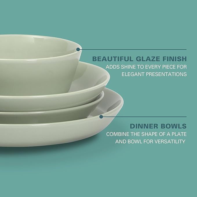 Gibson Home Summer Shades 16 Piece Plates and Bowls Dishes Service for 4 Porcelain Dinnerware Set - Green