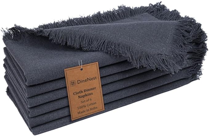 Cloth Dinner Napkins Fringes 20x20 Inch 100% Cotton Set of 6 - for Dining Special Occasions Wedding Holidays Easter - Soft Durable Washable - Elegant Table Cloth Napkins Charcoal Grey