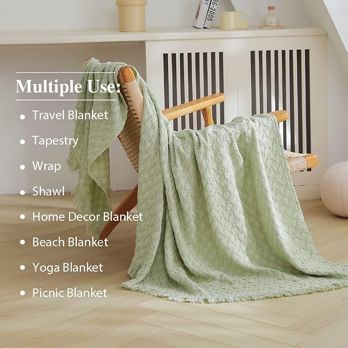 Simple&Opulence 100% Cotton Throw Blanket for Couch, Bed, Waffle Weave Knit Blanket with Tassels, Soft Lightweight Pre-Washed Breathable Comfy Blanket Farmhouse Decor for All-Season(Sage Green)