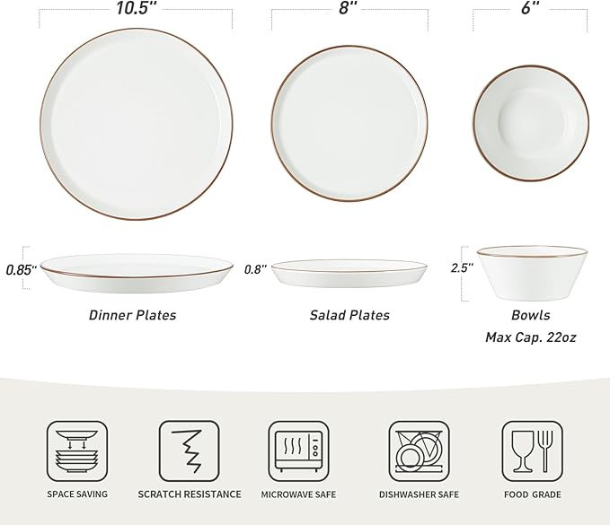 Famiware Saturn Dinnerware Sets, Speckled Plates and Bowls Sets for 4, 12 Pieces Stoneware Dish Set - Chip and Scratch Resistant, Microwave and Dishwasher Safe Tableware Set, White with Rim