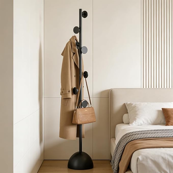 Coat Rack Freestanding Heavy Duty Stable Metal Clothes Rack With 7 Round Hooks & Metal Base, Coat Hanger Garment Rack for Entryway Bedroom, Coat Rack Hall Tree for Clothing Tie Hat Bag Purses (Black)