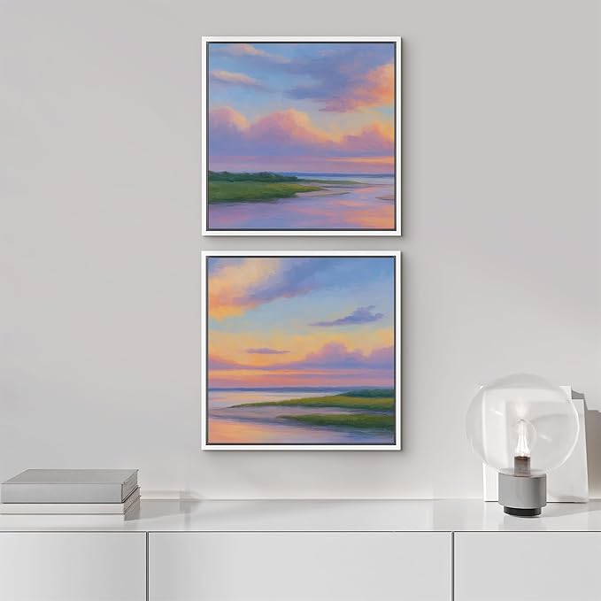 SIGNFORD Framed Canvas Print Wall Art Set Pastel Sunset Coastal Landscape Soft Color Horizon Modern Art Relax/Calm for Living Room, Bedroom, Office - 24"x24"x2 WHITE