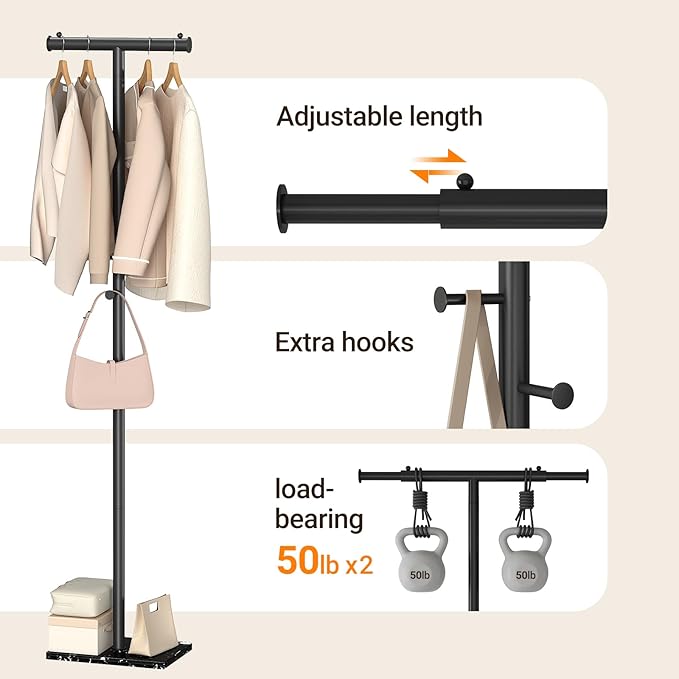 ELYKEN Coat Rack Freestanding with Natural Marble Base, Width Adjustable T-shaped Metal Coat Tree with 2 Hooks, Modern Coat Rack Stand for Jacket, Clothes & Bag, Hall Tree for Entryway, Bedroom, Black