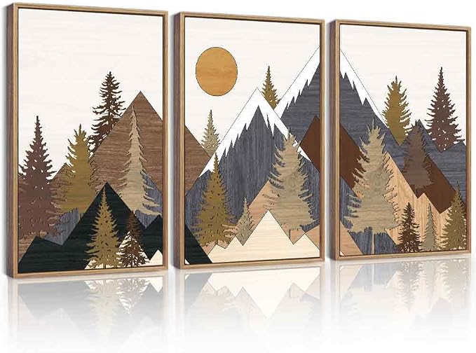 KUVIOKE Morden Boho Mountains Framed Canvas Wall Art Pine Tree Forest Nature Landscape Artwork Painting Bohemain Farmhouse Rustic Room Decor for Bedroom Living Room 16x24in (Natural Framed)