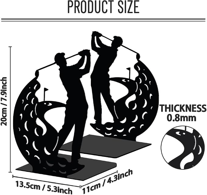 WADORN 1 Pair People Golf Metal Decorative Bookend for Shelves, Heavy Duty Book Ends Modern Non-Skid Books Holder Stand Black Book Support Stoppers for Desk Bookshelf Office Home, 5.3x4.3x7.9 Inches