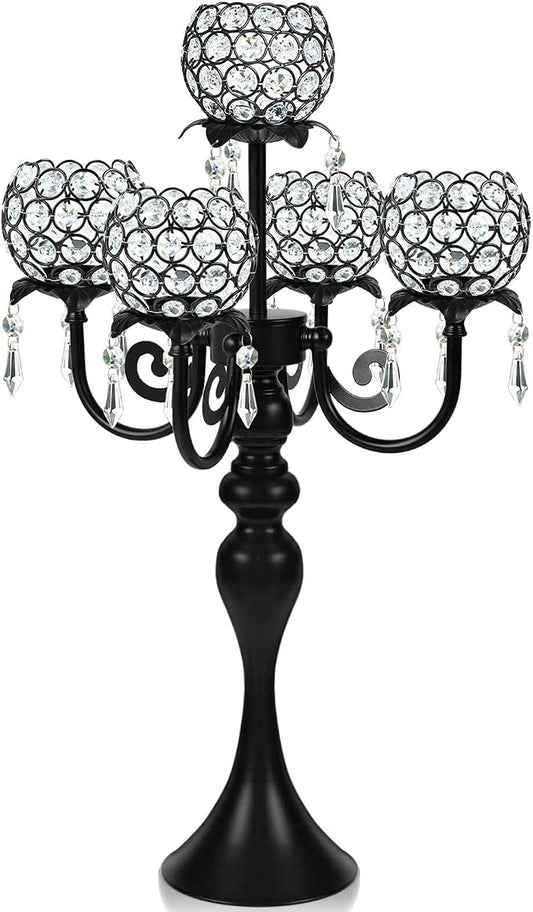22.5" Black Metal & Crystal Tea Light Candle Holder - Wedding, Party Centerpiece for Events, Decorative Chandelier (1, Black)