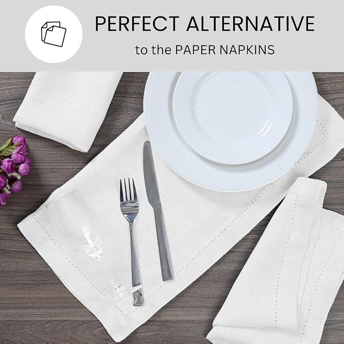 100% Linen Hemstitch Cloth Dinner Napkins - Soft Durable Washable - Ideal for Farmhouse Parties Wedding Holidays Christmas - Perfect Everyday Use Set of 4 Table Cloth Napkins 18x18 White