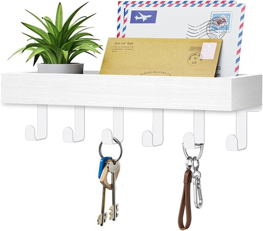 Key Holder Wall Mount Adhesive Magnetic - Hanging Key Hooks with Mail Organizer Tray for Wallet House Accessories - Keys Hanger Rack with Shelf for Camper Entryway Door Home Living Room Decor White
