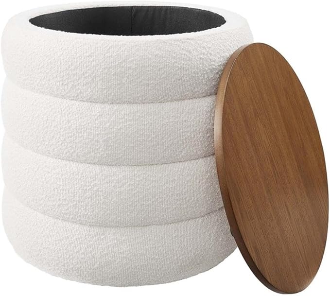 Modway Mezzo Round Boucle Fabric Storage Ottoman Stool in Cloud - Channel Tufted Ottoman - Upholstered Footrest - Versatile End or Side Table with Storage