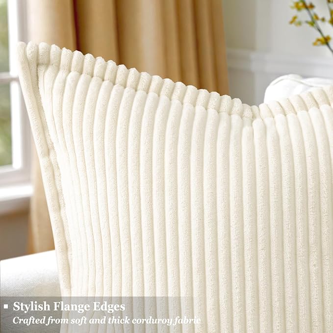 decorUhome Summer Corduroy Cream White Throw Pillow Covers 16x16 Set of 2 Decorative Soft Boho Farmhouse Couch Pillow Covers for Living Room Bed Sofa Broadside Striped Pillow Cases