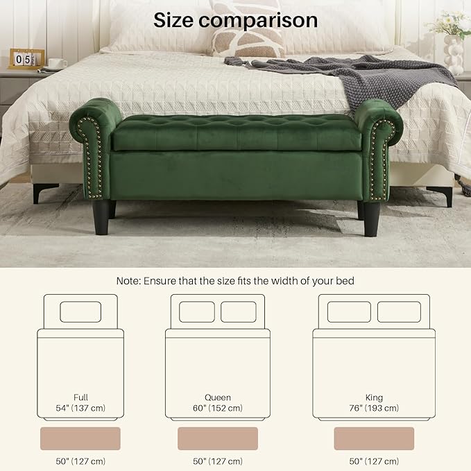 SOFTHION Storage Bench, 50" Queen End of Bed Bench, Velvet Tufted Button Upholstered Bedroom Bench, Storage Ottoman with Rolled Arms, Window Bench with Storage, for Living Room, Entryway Green