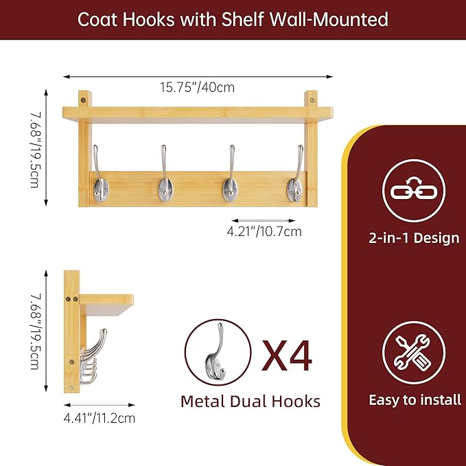STELLSTAR Coat Rack with Shelf, 2 Pack Bamboo Wall-Mounted Coat Hanger with 8 Hooks for Entryway, Hallway, Kitchen, Bathroom, Living Room, Utility Room (Natural)