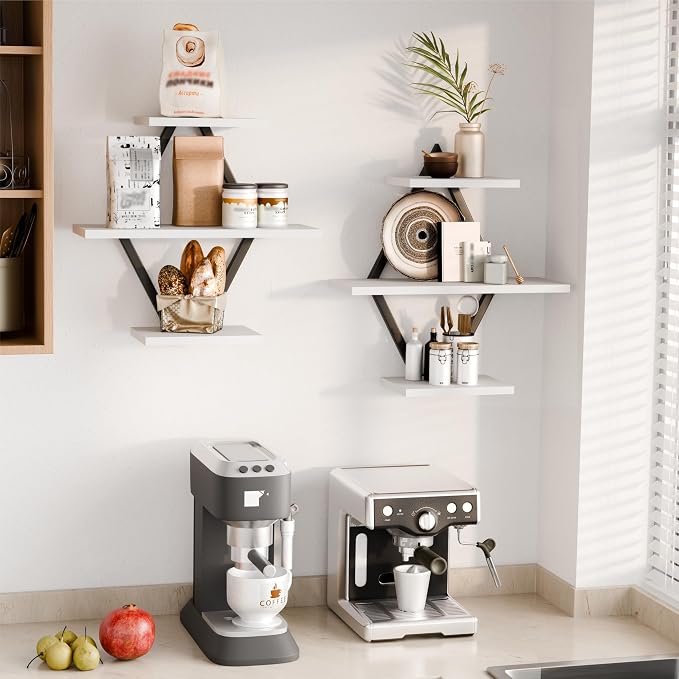 Floating Shelves, Wall Shelf Set of 2, Wall Mounted Shelves, 3-Tier Hanging Wall Shelves for Bathroom, Living Room, Bedroom, Kitchen, Office (White)