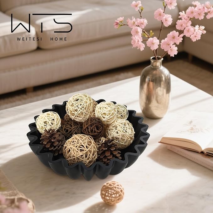 Decorative Fruit Bowl for Kitchen Counter, Large Decorative Bowl Modern Handicraft Bowl for Home Decor, Stylish Key Bowl for Entry Table, Coffee Table Decor, Home Decor Accent, Artificial Stone Black