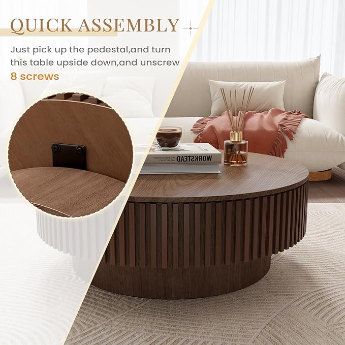 39.37'' Round Coffee Table with Storage, Modern Fluted Circle Coffee Table Unique Drum Low Center Tea Table with Solid Wood Veneered for Living Room Small Space, Mesas De Centro para Sala, Walnut