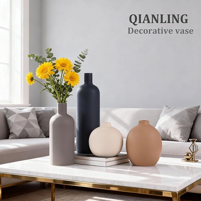 Ceramic Vase Set of 4, Modern Vases Home Decor, Neutral Decorative Vase for Bouquet Pampas Grass Dried Fresh Flowers, Small Vase for Living Room, Kitchen, Bedroom, Bathroom, Entryway Mantel, Decor