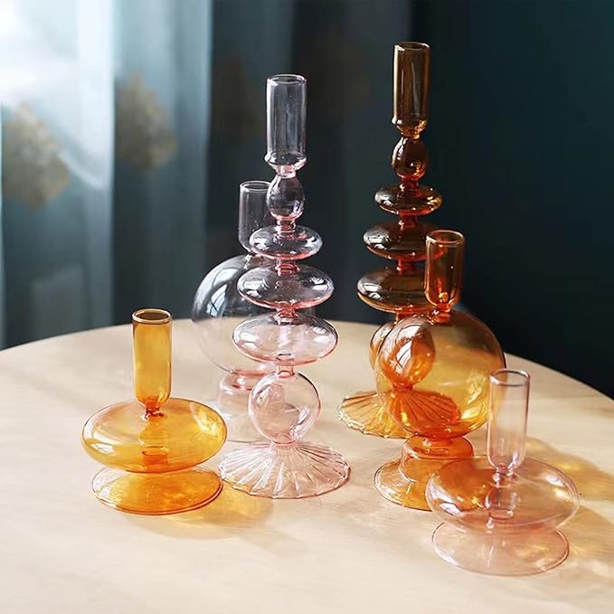 Glass Candlestick Holders Colorful Glass Taper Candle Stand Modern Elegant Candle Stick Candle Holder Glasses Vase Decor for Home Party Centerpiece(Purple B)