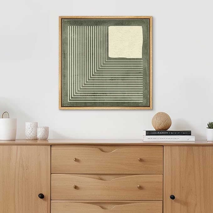 SIGNFORD Framed Canvas Print Wall Art Abstract Lines and Square Geometric Monochrome Design Illustrations Modern Art Relax/Calm Warm for Living Room, Bedroom, Office - 24"x24" Natural
