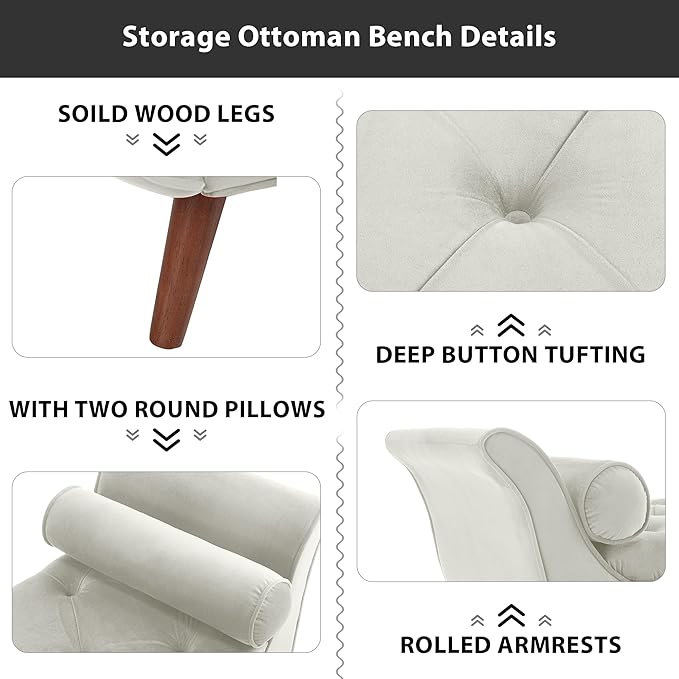 Velvet Storage Bench for Bedroom End of Bed with 2 Pillow, Upholstered Button Tufted Storage Ottoman Bench Footstool Rolled Arm Solid Wood Legs for Entryway Living Room Dining Room (Beige)