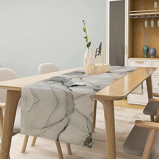 Marble Table Runner, Grey White Cloud Textured Ink Painting Art Table Decoration for Kitchen Dining Party Wedding Home Decor, 13x108 Inch