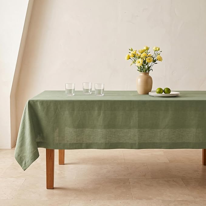 Solino Home Linen Tablecloth 60 x 90 Inch - 100% Pure Linen Oil Green Table Cloth for Rectangle Tables - Fete, Machine Washable Tablecloth for Summer