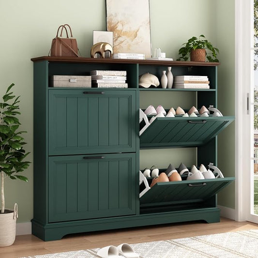 Shoe Storage Cabinet with 4 Flip Drawers, 47" W Farmhouse Modern Hidden Shoes Rack Cabinet with Adjustable Shelves & Open Storage, Narrow Slim Shoe Organizer for Front Door Entrance, Entryway, Green