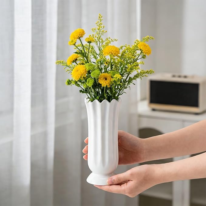 8 Inch White Ceramic Flower Vase, Modern Decorative Vase for Pampas Grass Dried Flowers, Home Decor Vase for Living Room Table, Kitchen Shelf, Wedding Centerpiece