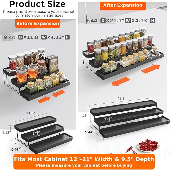 2 Pack Expandable Spice Rack Organizer for Cabinet - 3 Tier Adjustable Cabinet Spice Organizer Easy Visibility - Spice Organizer for Cabinet Countertop Cupboard Pantry Organization (Black)