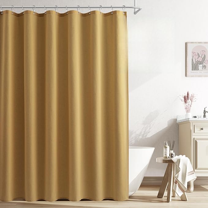 Naturoom Gold Linen Shower Curtains 96 Inches Long, Tall Country Boho Farmhouse Shower Curtains for Bathroom Natural Cloth Weighted Fabric Bath Curtain with Hooks, 72x96