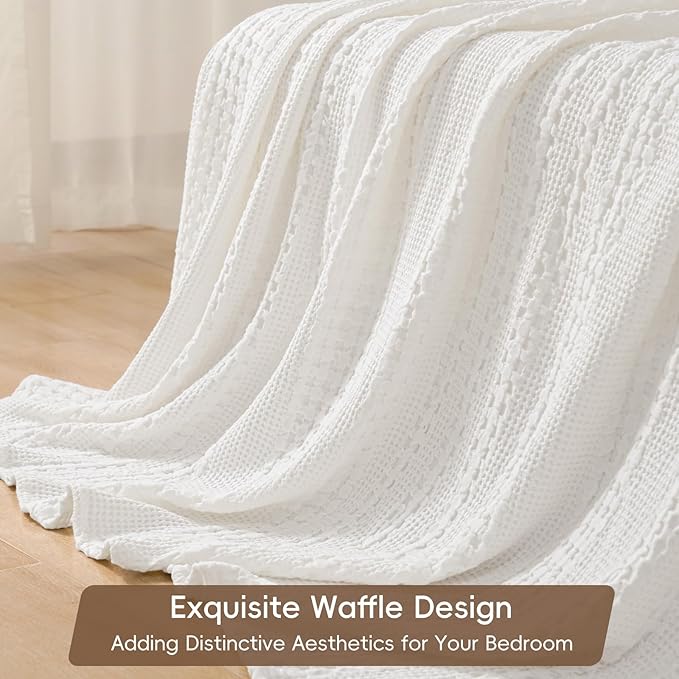 PHF 100% Cotton Waffle Weave Blanket Twin Size for Bed, Soft Lightweight & Breathable for Spring and Summer, All-Season Comfort, Luxury Aesthetic Blanket for Home Decor, 66"x90", White