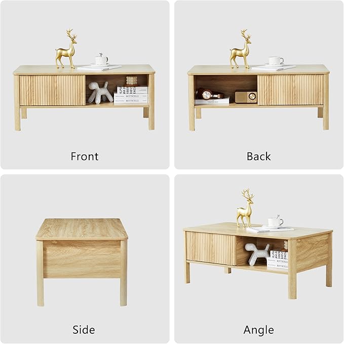 Rectangle Fluted Coffee Table with Storage and Sliding Drawers, Light Wood Coffee Table, Mid Century Modern Cofee Table Boho Style, Low for Living Room/Bedroom/Office (Natural)