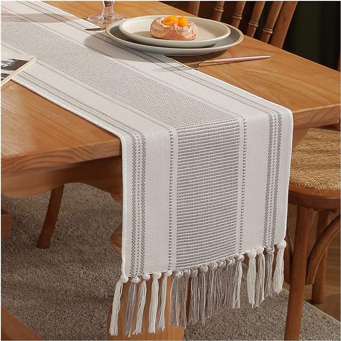 Caflife Boho Table Runner Natural Stripe for Modern Farmhouse Coffee Table Decor, Rustic Woven Runner with Handcrafted Tassels for Home Dining Table décor 13 x 108 Inch Long