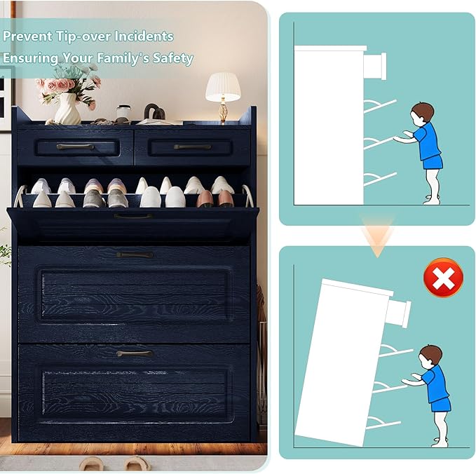 Shoe Cabinet with 3 Large Flip Drawers and 2 Storage Drawers, Narrow Shoe Organizer Cabinet Fits for Kinds of Shoes, Hidden Shoe Storage Cabinet for Entryway, Hallway, Blue