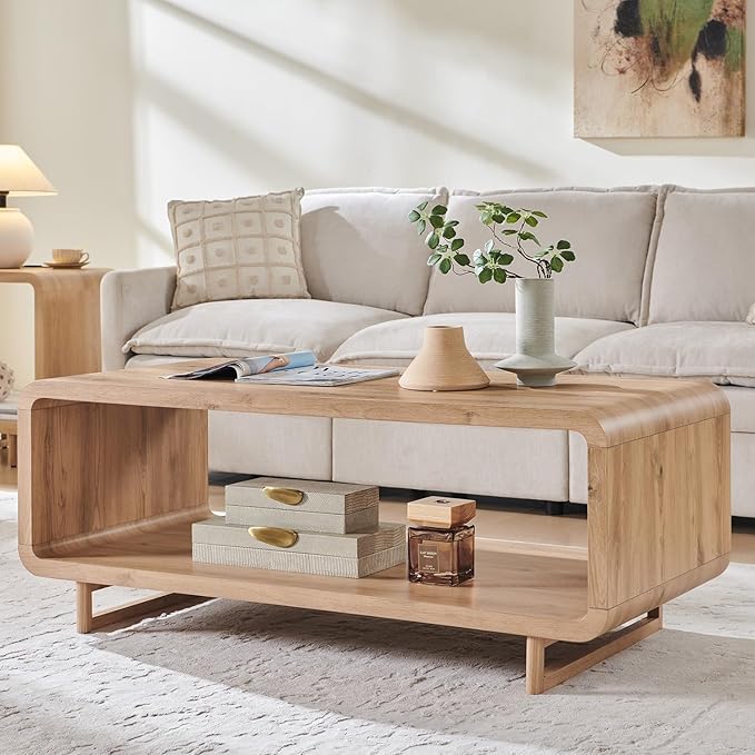 IFGET 48" Modern Coffee Table, 2-Tier Minimalist Center Table with Storage Shelf, Curved Profile Design, Wooden Rectangular Living Room Table w/Wood Thick Design for Living Room, Office, Natural Oak
