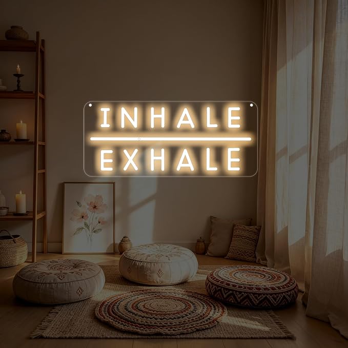 Inhale Exhale LED Neon Sign, USB Dimmable Neon Wall Decor for Yoga Studio, Meditation Room, Bedroom, Gym, Spa, Wellness Space, and Home Studio, Reading Room, Pilates Gift, Aesthetic Neon Sign Wall Quote-Warm White/Ice Blue-16.4" x 7"