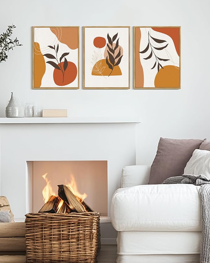 KUVIOKE Boho Wall Art Framed Canvas Botanical Mid Century Modern Wall Printing Orange Neutral Abstract Geometric Prints Bohemain Sage Decor for Farmhouse Living Dining Room 12x16in (Natural Framed)