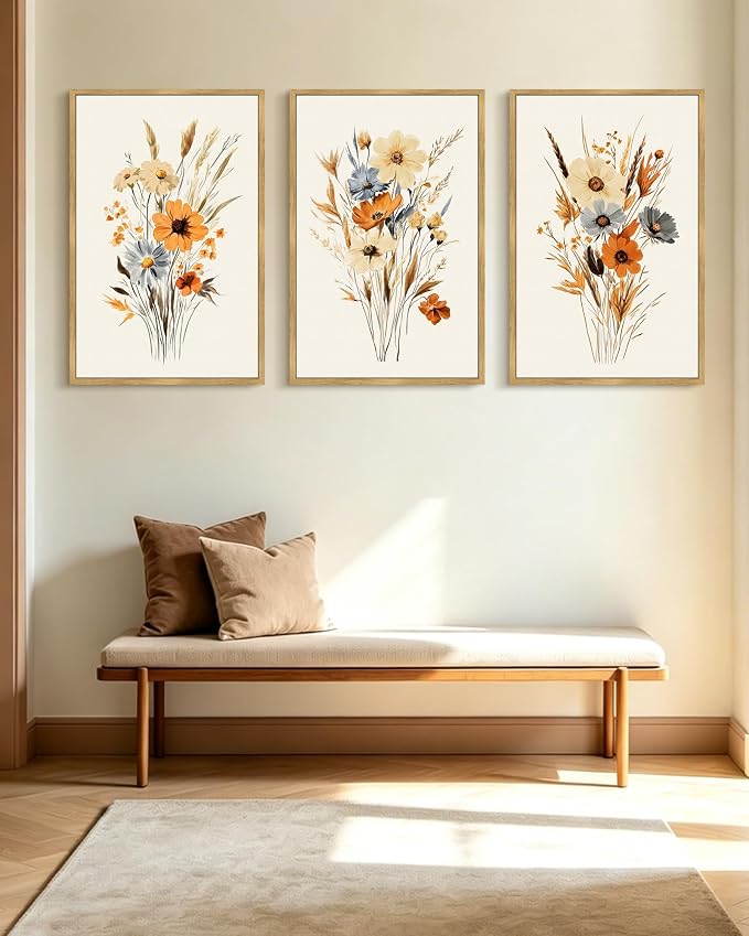 KUVIOKE Vintage Wildflower Bouquet Framed Wall Art Retro Flower Botanical Pictures Illustrations Colorful Floral Hanging Decor 24x36in (Natural Framed)