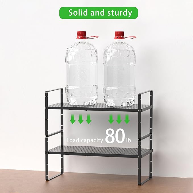 Expandable Cabinet Storage Shelf Stackable Organizer Rack for Kitchen Bathroom Pantry Spice Cupboard Coffee Countertop Home Office Desk Heavy Duty Nonslip Black Small 3 Packs
